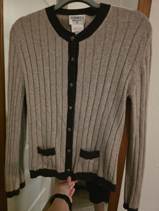 CHANEL Sweaters - CHANEL Taupe and Black Ribbed Cashmere Cardigan